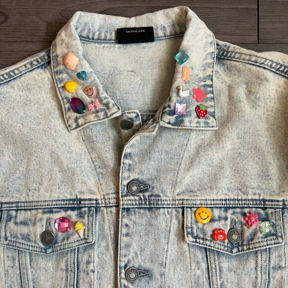 Lazy Oaf My Collection Oversized Denim Jacket Embroidered Kitsch Beaded OS - Picture 4 of 6